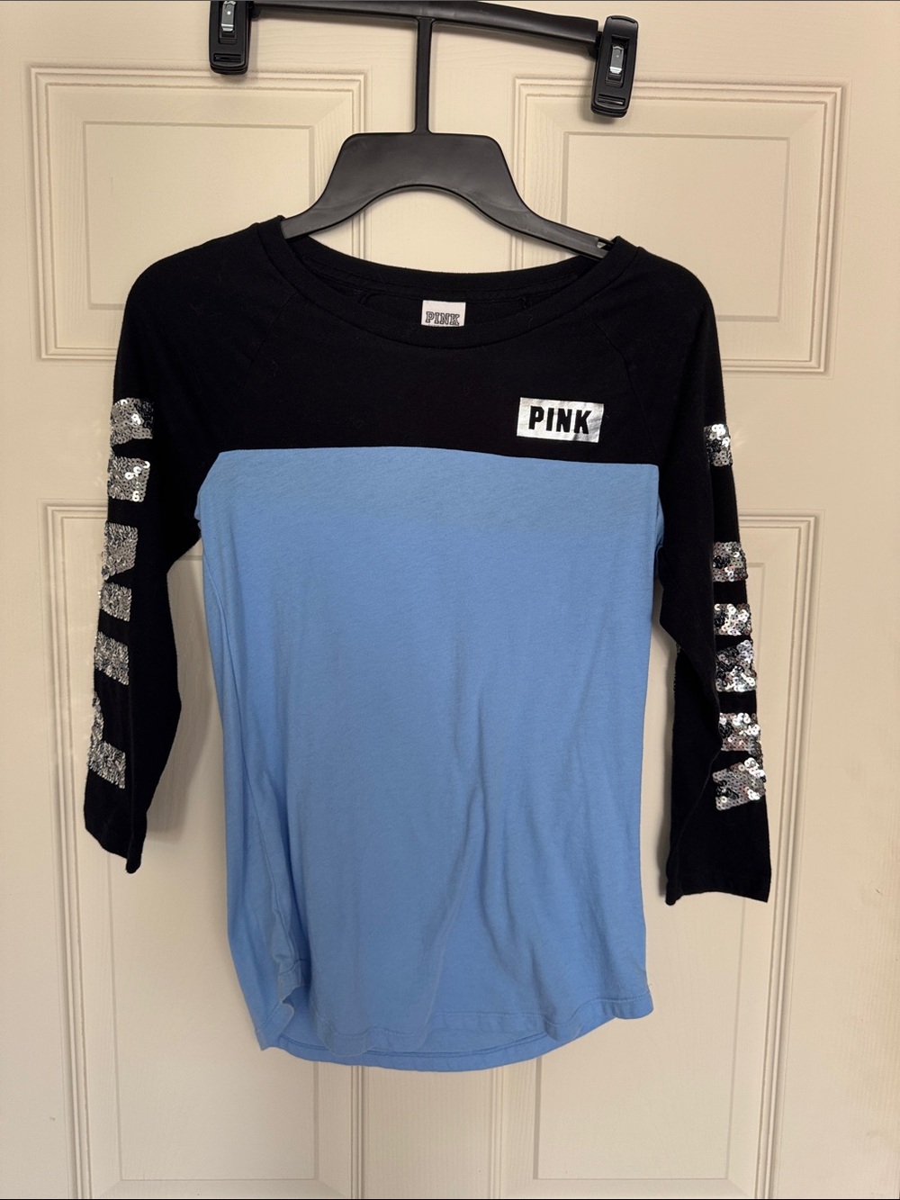 PINK Victoria's Secret Black and Light Blue Sequin Sleeve Long Sleeve Tee